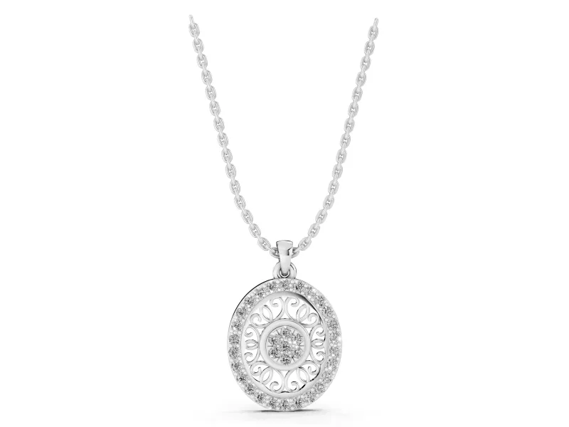 Round Lab-Grown Diamond Oval Filigree Cluster Pendant Necklace | Pavé Edge | Sterling Silver