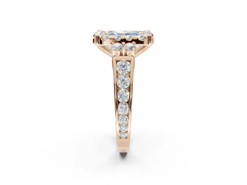 Radiant Cut Halo Engagement Ring Setting for a Fancy Blue Lab-Grown Diamond | Graduated Channel Band | Rose Gold