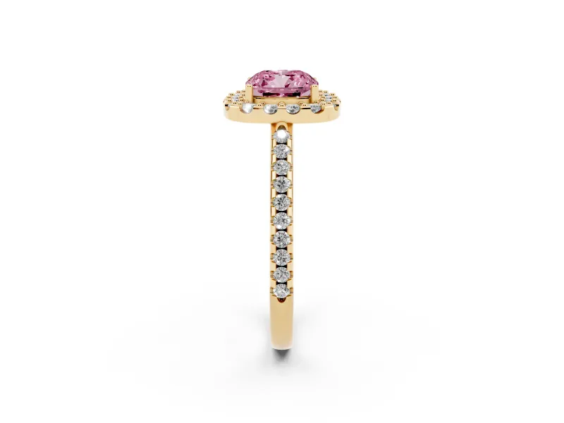 Cushion Cut Pave Halo Engagement Ring Setting for a Fancy Pink Lab-Grown Diamond | Pave Band | Yellow Gold