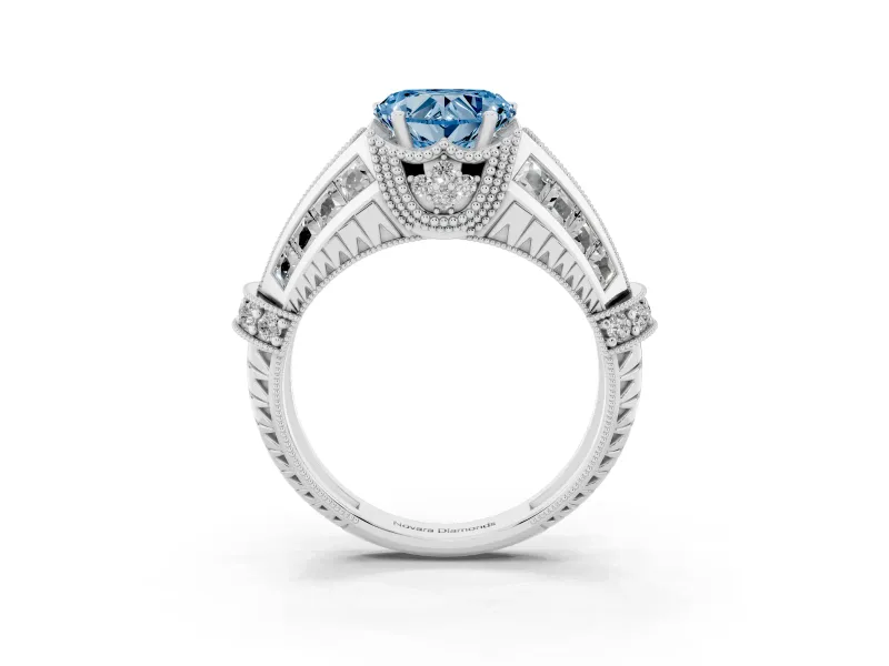 Fancy Blue Heart Cut Diamond Vintage-Inspired Milgrain Ring Set in White gold with Accent Split Shank