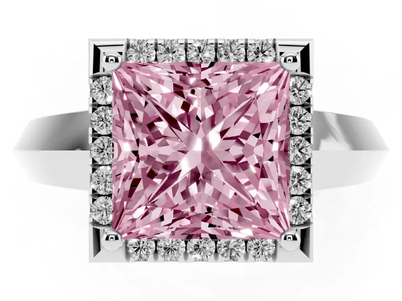 Fancy Pink Princess Cut Diamond Halo Ring Set in White gold with Cathedral Band and Prong Setting