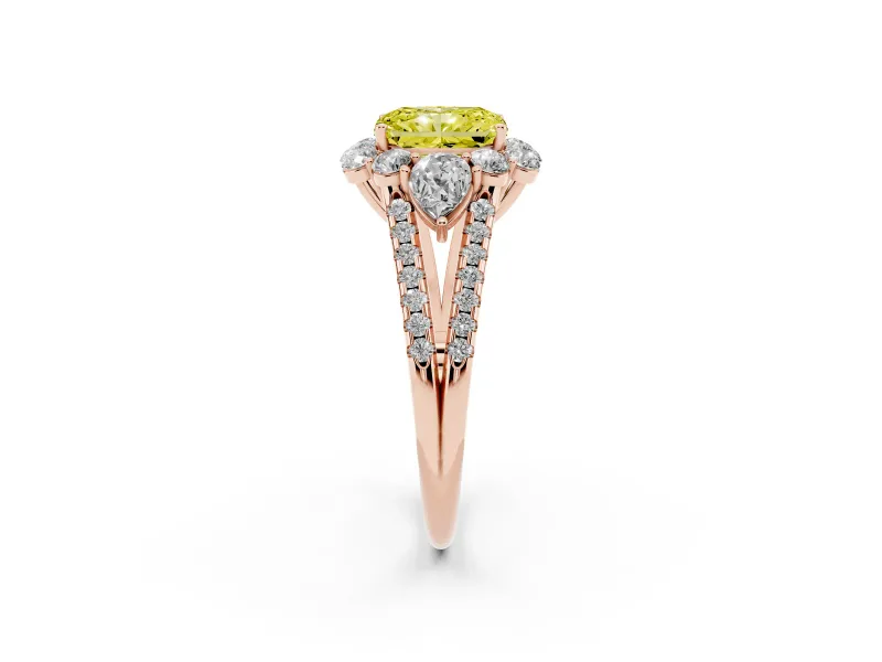 Radiant Cut Scalloped Halo Engagement Ring Setting for a Fancy Yellow Lab-Grown Diamond | Pear Side Stones | Rose Gold