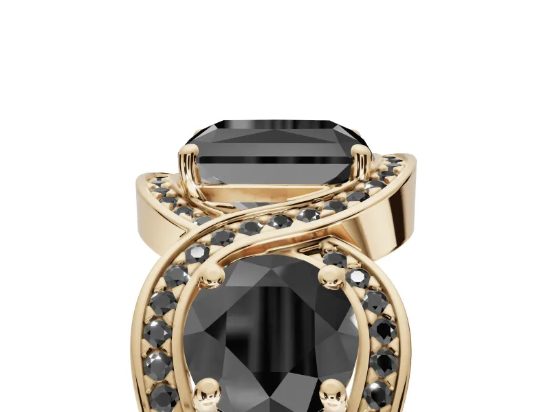 Radiant Cut Three Stone Engagement Ring Setting for a Black Center | Pavé Wave Band | Yellow Gold