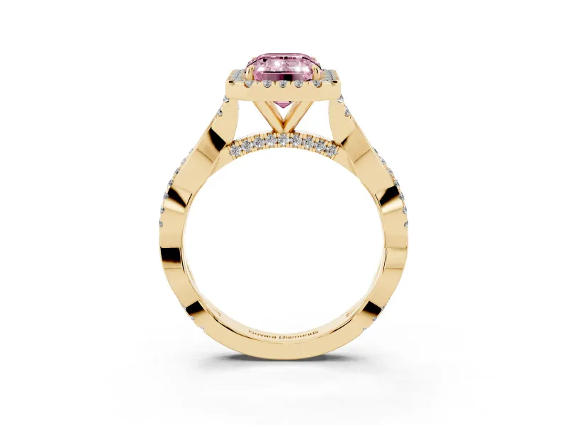 Emerald Cut Twist Halo Engagement Ring Setting for a Fancy Pink Lab-Grown Diamond | Yellow Gold