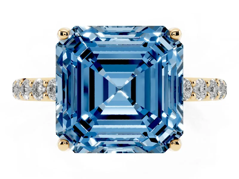 Asscher Cut Pave Solitaire Engagement Ring Setting for a Fancy Blue Lab-Grown Diamond | Slim Band | Yellow Gold