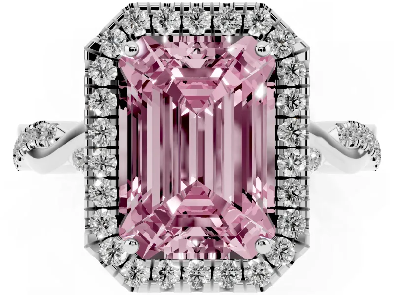 Emerald Cut Twist Halo Engagement Ring Setting for a Fancy Pink Lab-Grown Diamond | Platinum