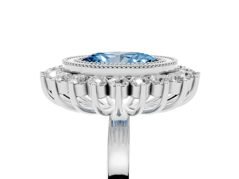 Fancy Blue Oval Cut Diamond Halo Ring Set in Silver with Milgrain Edge and Round Prong Setting