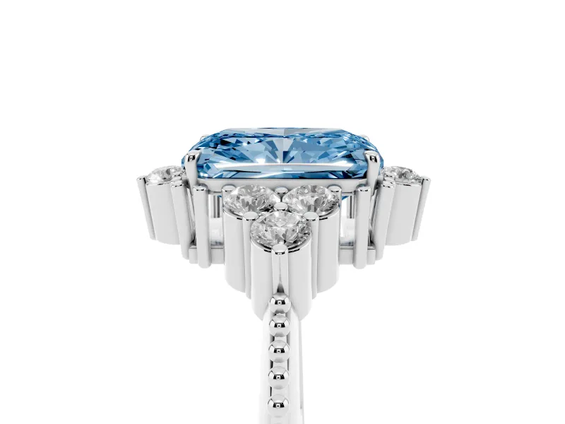 Fancy Blue Radiant Cut Diamond Cluster Ring Set in White gold with Beaded Band