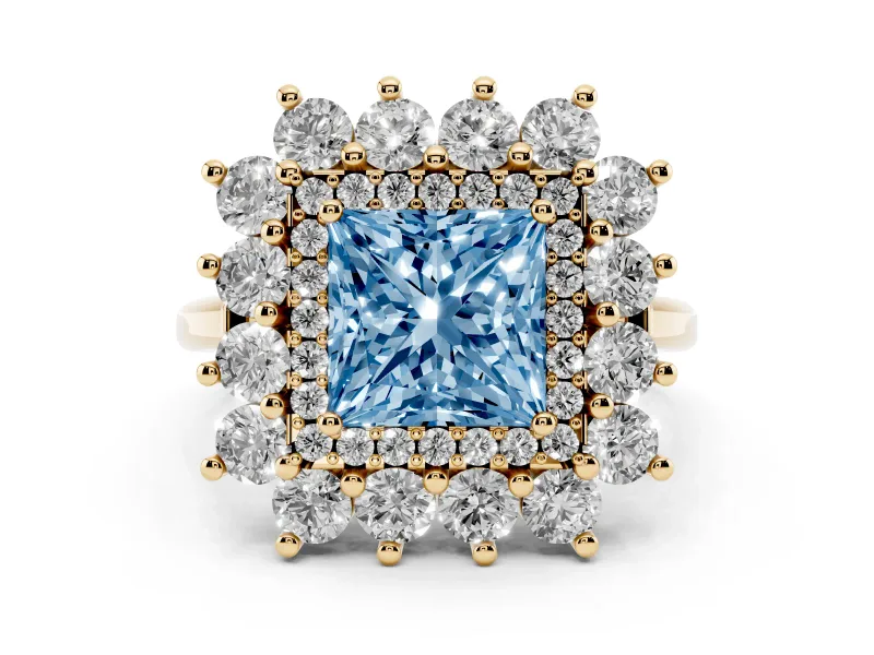 Fancy Blue Princess Cut Diamond Floral Double Halo Ring Set in Yellow gold with Round Petals