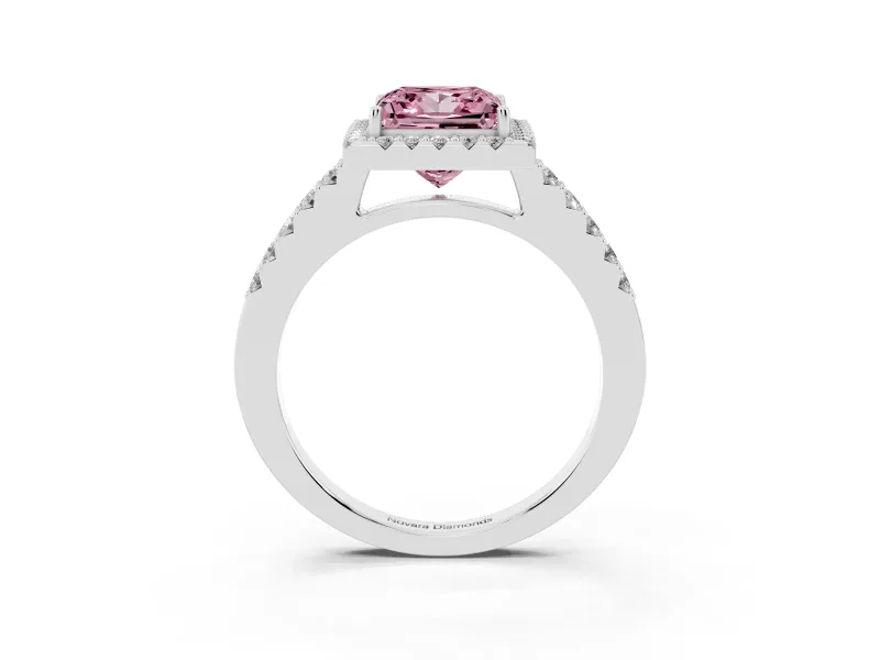 Fancy Pink Princess Cut Diamond Halo Pavé Solitaire Ring Set in White gold with Prong-Set Center Stone