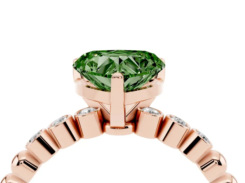 Fancy Green Heart Cut Diamond Solitaire Engagement Ring Set in Rose gold with Bezel Accents on Beaded Band