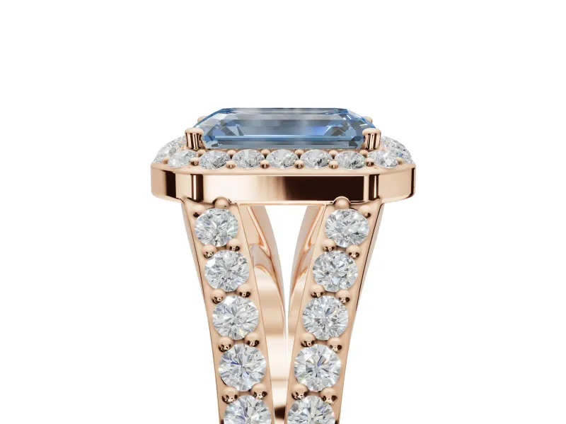 Emerald Cut Halo Pavé Engagement Ring Setting for a Fancy Blue Lab-Grown Diamond | Narrow Split Shank | Rose Gold