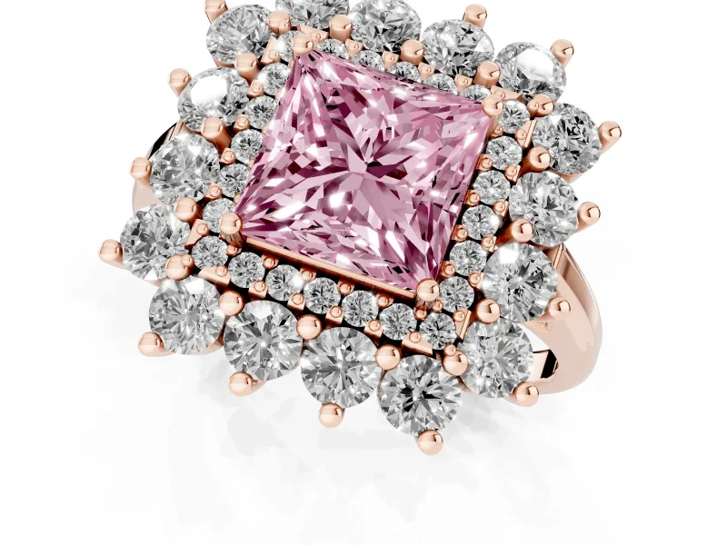 Princess Cut Floral Double Halo Engagement Ring Setting for a Fancy Pink Lab-Grown Diamond | Plain Band | Rose Gold