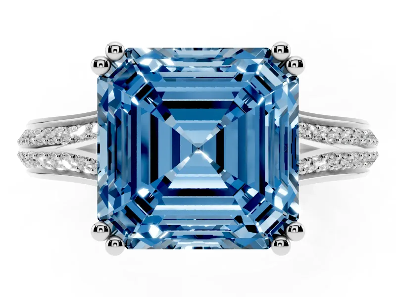 Asscher Cut Split Shank Engagement Ring Setting for a Fancy Blue Lab-Grown Diamond | Pave Band | White Gold