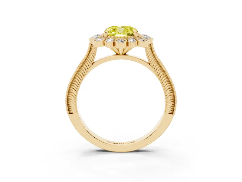 Fancy Yellow Cushion Cut Diamond Halo Milgrain Pavé Ring Set in Yellow gold with Prong Setting