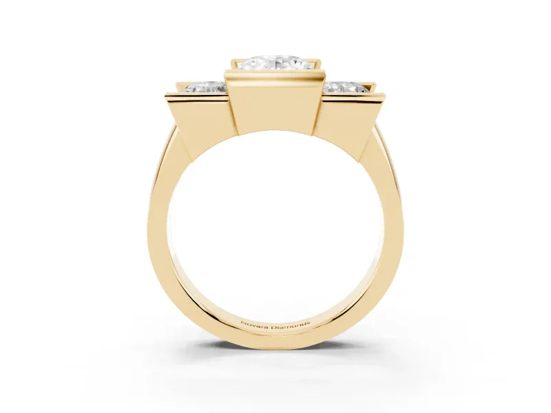 Oval Cut Diamond Three-Stone Channel Set Ring Set in Yellow gold with Smooth Polished Band