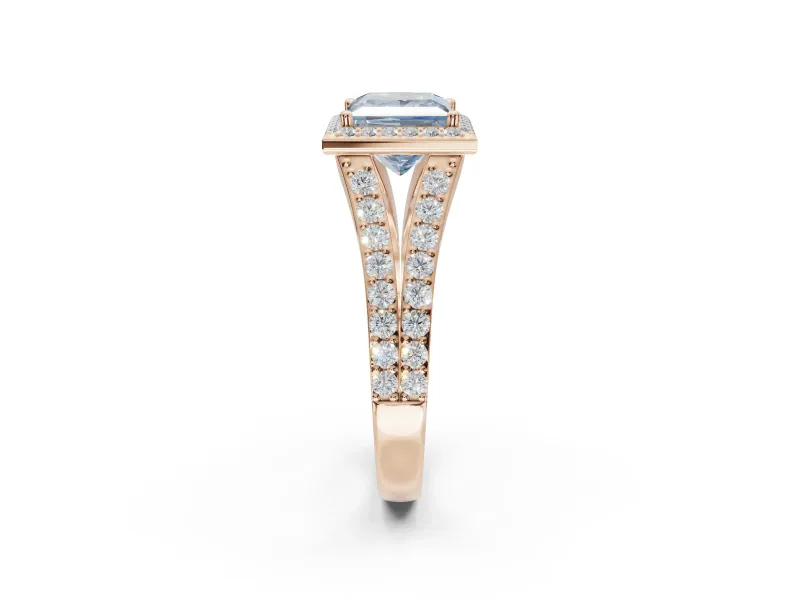 Princess Cut Halo Pavé Engagement Ring Setting for a Fancy Blue Lab-Grown Diamond | Narrow Split Shank | Rose Gold