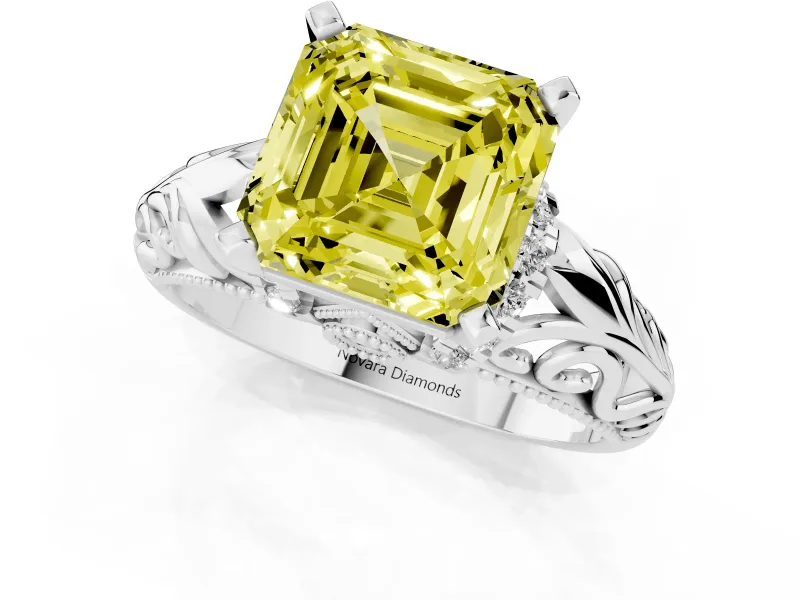 Fancy Yellow Asscher Cut Diamond Filigree Halo Engagement Ring Set in Platinum with Prong Setting