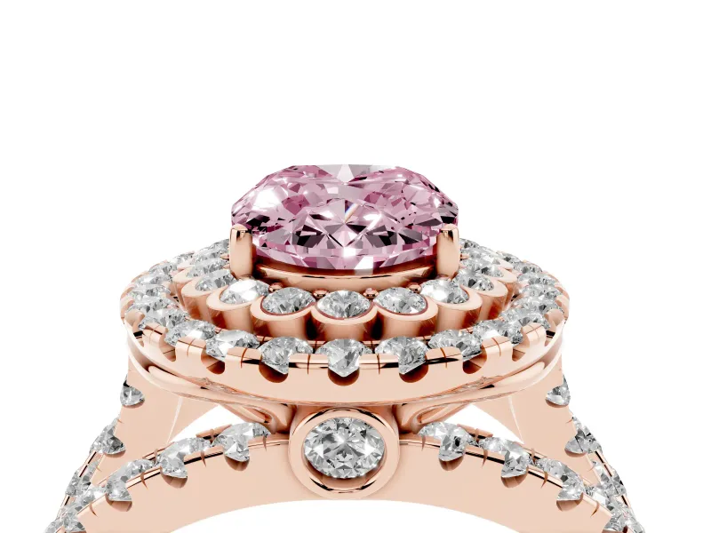 Oval Double Halo Split Shank Engagement Ring Setting for a Fancy Pink Lab-Grown Diamond | Pave Strands | Rose Gold