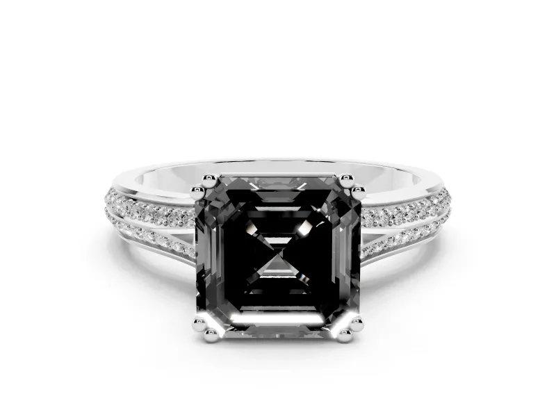 Fancy Black Asscher Cut Diamond Split Shank Pavé Engagement Ring Set in Platinum with Prong-Set Center Stone