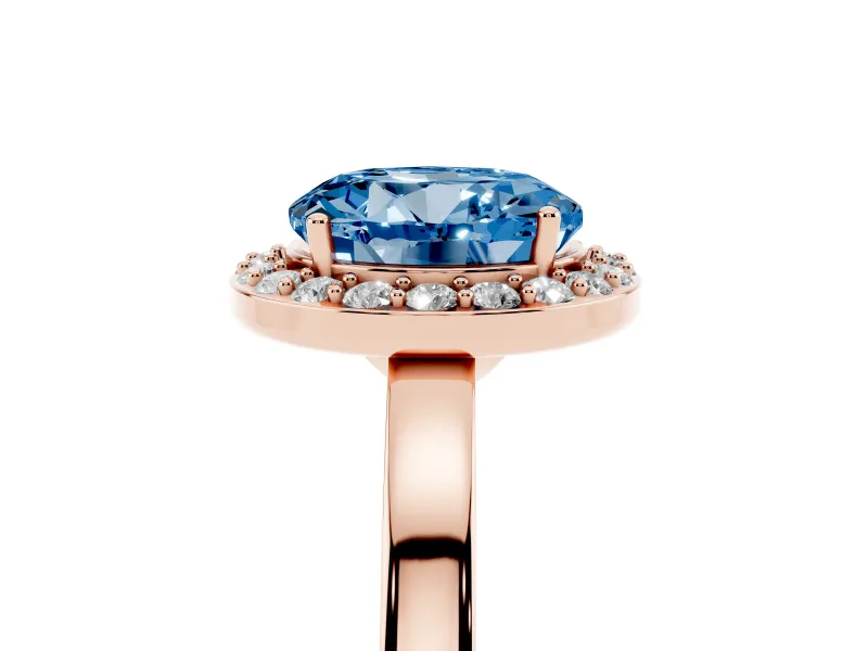 Round Thin Halo Engagement Ring Setting for a Fancy Blue Lab-Grown Diamond | Plain Band | Rose Gold
