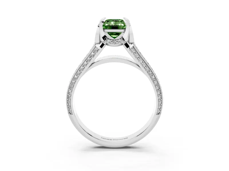 Fancy Green Emerald Cut Diamond Pavé Split Shank Solitaire Ring Set in Silver with Prong Setting