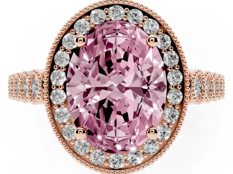 Fancy Pink Oval Cut Diamond Milgrain Halo Solitaire Ring Set in Rose gold with Bezel Set Side Stones and Pavé Band