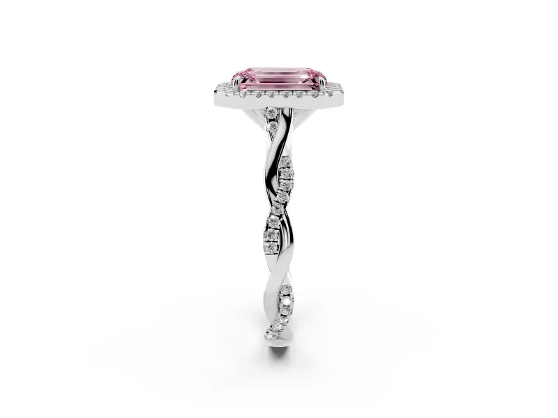 Emerald Cut Twist Halo Engagement Ring Setting for a Fancy Pink Lab-Grown Diamond | Platinum