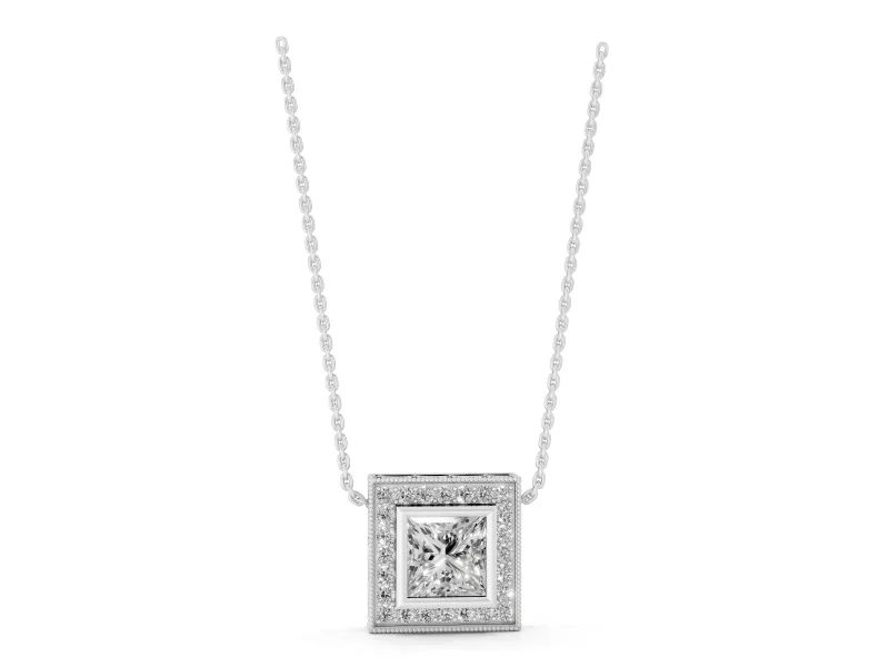 Princess Cut Lab-Grown Diamond Bezel Halo Pendant Necklace | Milgrain Edge | White Gold