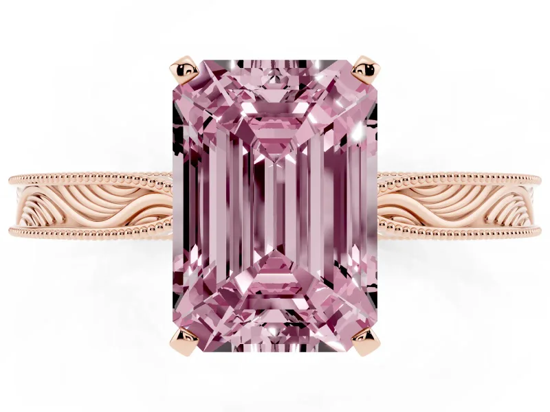 Fancy Pink Emerald Cut Diamond Solitaire Milgrain Engraved Band Set in Rose gold with Prong Setting