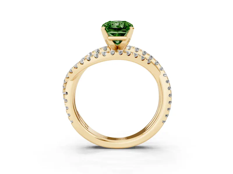Fancy Green Radiant Cut Diamond Solitaire Twist Band Ring Set in Yellow gold with Pavé Setting and Prong Head