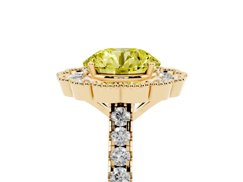 Fancy Yellow Round Cut Diamond Milgrain Floral Halo Engagement Ring Set in Yellow gold with Pavé Band