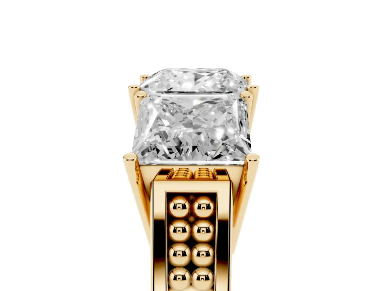 Princess Cut Three Stone Engagement Ring Setting | Beaded Shoulders | Yellow Gold