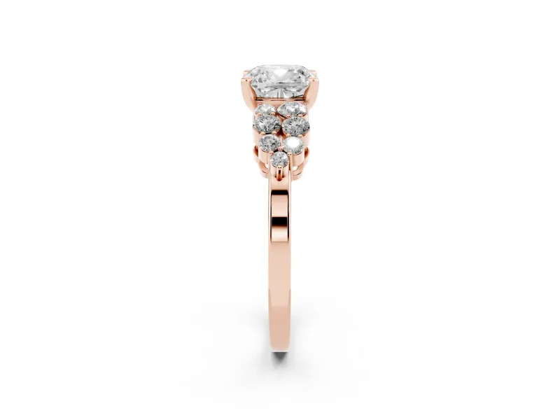 Cushion Cut Side Stone Engagement Ring Setting | Two-Row Shoulder Clusters | Rose Gold