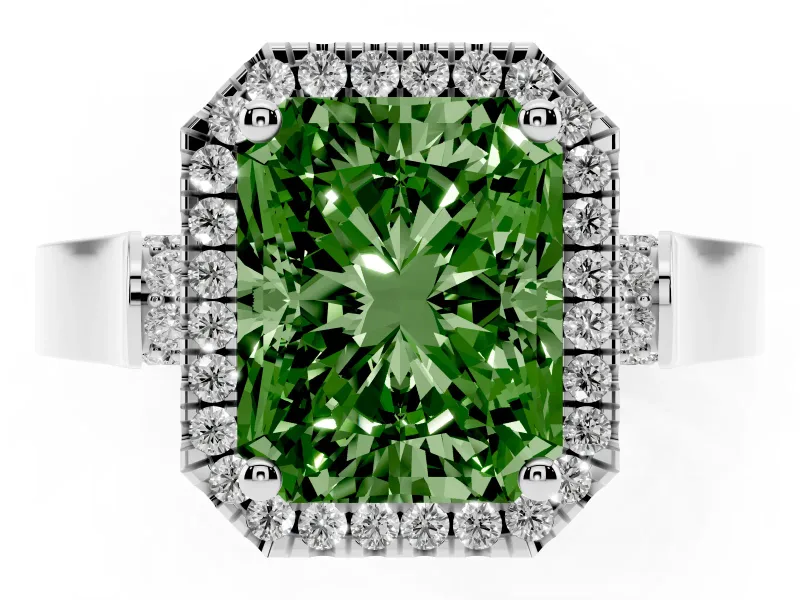 Radiant Cut Halo Engagement Ring Setting for a Fancy Green Lab-Grown Diamond | Pavé Panel Shoulders | Sterling Silver
