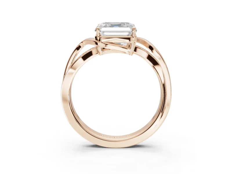 Asscher Cut Bypass Solitaire Engagement Ring Setting | Pavé and Plain Strands | Rose Gold