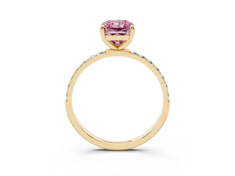 Fancy Pink Radiant Cut Diamond Solitaire Ring Set in Yellow gold with Round Pavé Band and Prong Setting