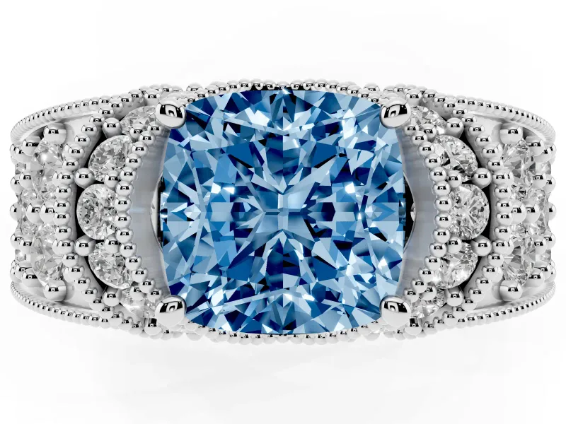 Cushion Cut Vintage Pave Engagement Ring Setting for a Fancy Blue Lab-Grown Diamond | Milgrain Edges | White Gold