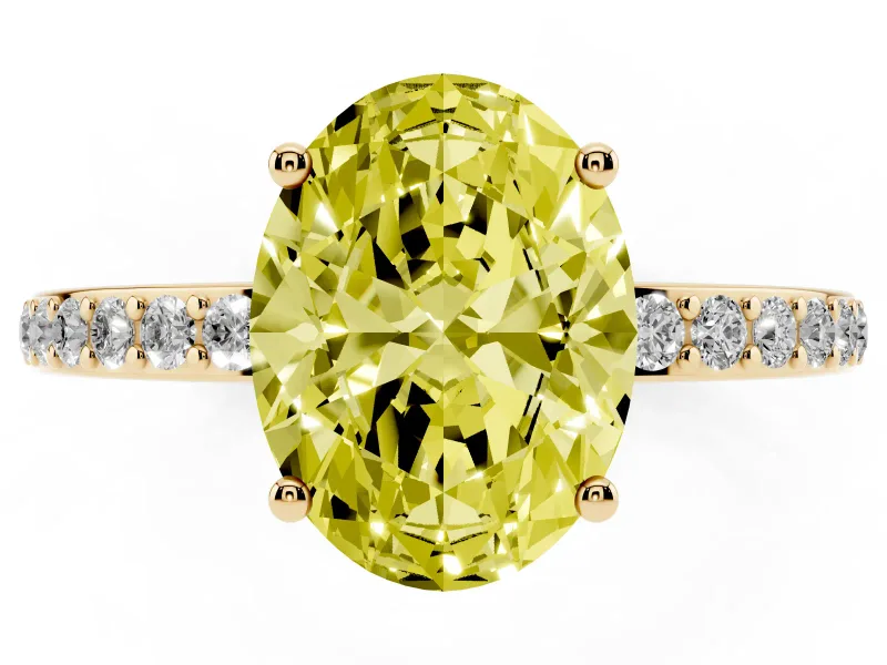 Fancy Yellow Oval Cut Diamond Pavé Band Ring Set in Yellow gold with Prong-Set Center Stone