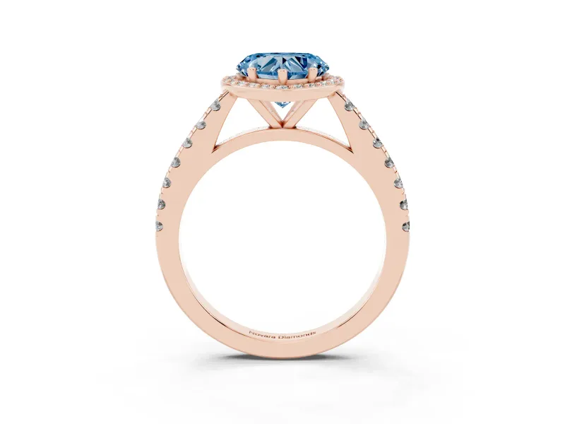 Fancy Blue Heart Cut Diamond Halo Engagement Ring Set in Rose gold with Pavé Band and Prong Setting