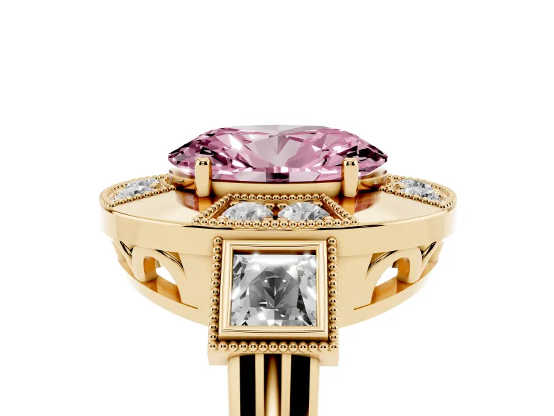 Oval Milgrain Sectioned Halo Engagement Ring Setting for a Fancy Pink Lab-Grown Diamond | Yellow Gold