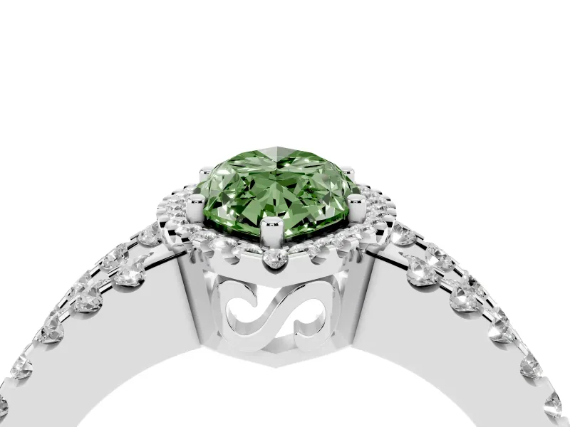 Fancy Green Marquise Cut Diamond Halo Ring Set in White gold with Pavé Split Shank and Prong Setting