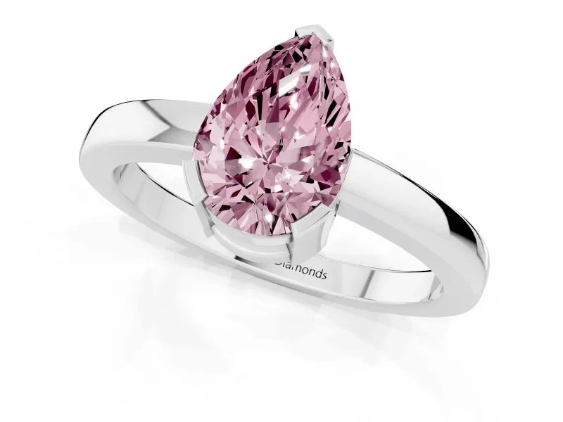 Fancy Pink Pear Cut Diamond Solitaire Ring Set in Platinum with Prong Head and Smooth Polished Band