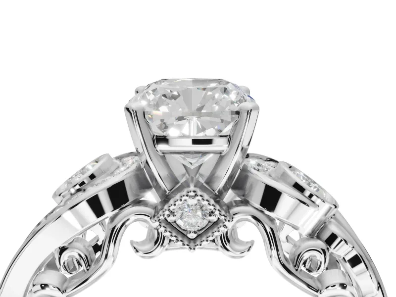 Cushion Cut Vintage Swirl Engagement Ring Setting | Bezel Side Accents | Sterling Silver