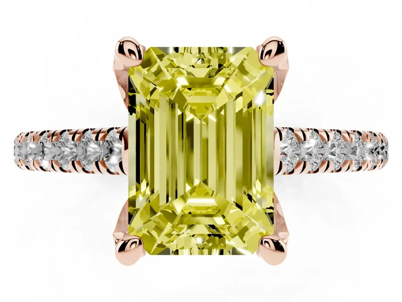 Emerald Cut Hidden Halo Pave Engagement Ring Setting for a Fancy Yellow Lab-Grown Diamond | Claw Prongs | Rose Gold