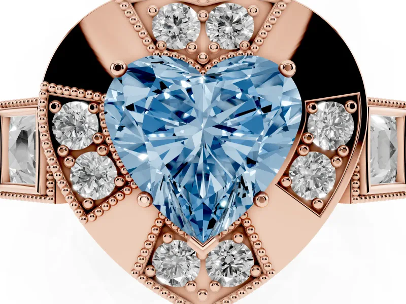Fancy Blue Heart Cut Diamond Milgrain Halo Ring Set in Rose gold with Split Shank