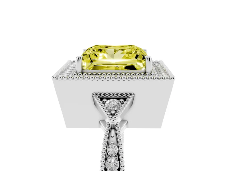 Fancy Yellow Princess Cut Diamond Halo Engagement Ring Set in Silver with Milgrain Pavé Band