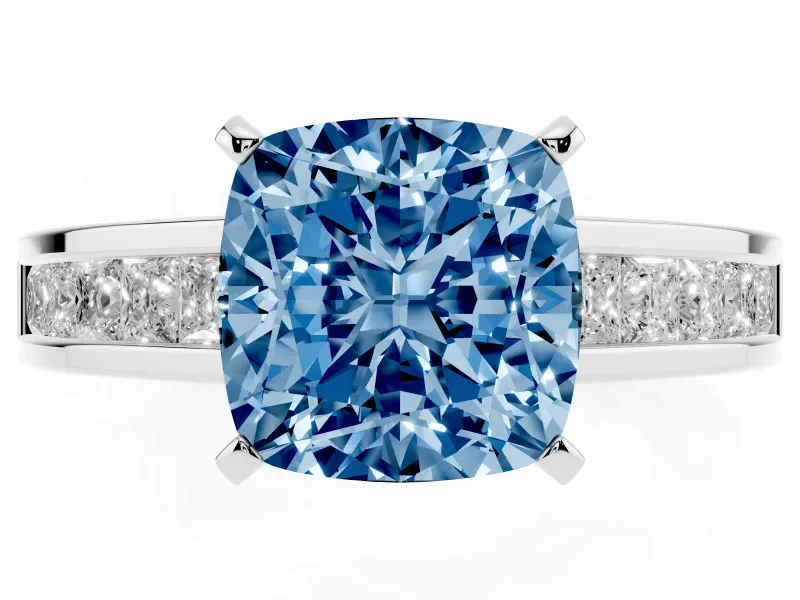 Fancy Blue Cushion Cut Diamond Solitaire Ring Set in White gold with Channel-Set Band and Prong Setting