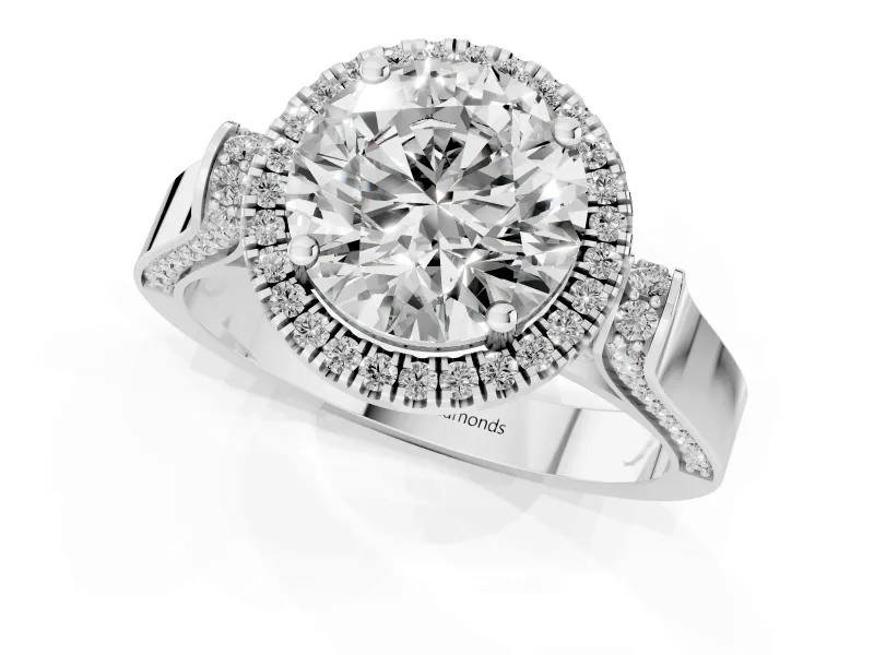 Round Halo Engagement Ring Setting | Pavé Panel Shoulders | White Gold