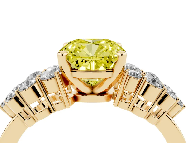 Fancy Yellow Cushion Cut Diamond Cluster Engagement Ring Set in Yellow gold with Pavé Band and Prong Setting